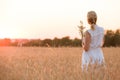 Back view on blond woman with flowers walking on the wheat field on sunset. Beautiful happy girl enjoying summer sun Royalty Free Stock Photo