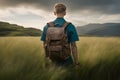 Back view of adult boy with backpack travelling outdoors in grassland. Adventure and traveling lifestyle concept generated by ai