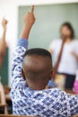 Back view of boy raising hand at an elementary school lesson Royalty Free Stock Photo