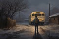 Back view of boy standing in front of school bus on a winter day, rear view of The boy gets off the school bus and goes home, AI Royalty Free Stock Photo