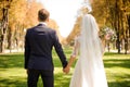 Back view of bride and bridegroom holding hands Royalty Free Stock Photo