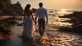 Back view of bride and groom on the seashore. Generative Ai Royalty Free Stock Photo