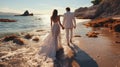 Back view of bride and groom on the seashore. Generative Ai Royalty Free Stock Photo