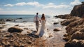 Back view of bride and groom on the seashore. Generative Ai Royalty Free Stock Photo