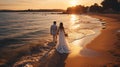 Back view of bride and groom on the seashore. Generative Ai Royalty Free Stock Photo