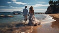 Back view of bride and groom on the seashore. Generative Ai Royalty Free Stock Photo