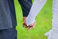 Back view of bride in white dress and groom in suit holding each others hands outdoors Happy bride and groom walking in nature on Royalty Free Stock Photo