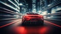 Back view of bright red futuristic car driving in highway in the modern city with cityscapes, with high speed Royalty Free Stock Photo