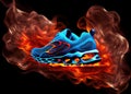 Back view of burning sport blue shoe with fire red flames under sole on black Royalty Free Stock Photo