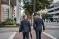 back view of business men coworker outdoor. business men coworker in the street. Royalty Free Stock Photo