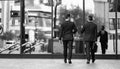 back view of business men coworker in the street, banner. photo of business men coworker Royalty Free Stock Photo