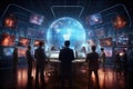 Back view of business people working in modern office with planet hologram, Futuristic cyber security workspace with a team, AI Royalty Free Stock Photo