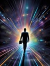 Back view of businessman with briefcase walking on abstract glowing city background