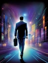 Back view of businessman with briefcase walking on abstract glowing city background Royalty Free Stock Photo