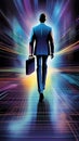 Back view of businessman with briefcase walking on abstract glowing city background