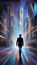 Back view of businessman with briefcase walking on abstract glowing city background Royalty Free Stock Photo