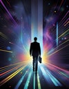 Back view of businessman with briefcase walking on abstract glowing city background Royalty Free Stock Photo