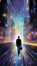 Back view of businessman with briefcase walking on abstract glowing city background