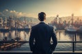 Back View of Businessman Looking at Ships in Harbor Generative AI