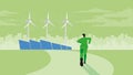 Back view of businessman runs aim to target goal. Wind turbine generator power windmill with solar cells