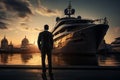 Back View of Businessman Standing in Harbor with Ships at Sunrise Generative AI