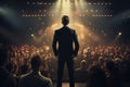 Back View of Businessman Standing on Stage in Front of Audience with Confidence AI Generative Royalty Free Stock Photo
