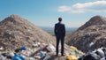 Back view of businessman in suit standing in landfill