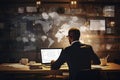 Back view of businessman working on laptop in office at night with world map, Businessman working with a new modern computer and Royalty Free Stock Photo