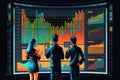 Back view of businesspeople standing in front of glowing forex chart. Concept of stock market analysis