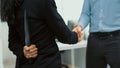 Back view of businesswoman shaking hands with a knife behind his back. Royalty Free Stock Photo