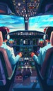 back view of captain pilot and co-pilot in airplane cabin, team two pilots in plane cockpit, professional aviation Royalty Free Stock Photo