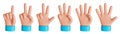 Back view cartoon hand showing fingers from one to five. Rating or countdown design elements. 3D rendered image.