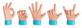 Back view cartoon hand showing gestures. Rock, ok and pointed finger signs. 3D rendered image.