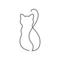 Back view of cat continuous line drawing - cute pet sits backward with twisted tail isolated on white background.