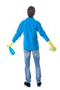 Back view of a cleaner man in gloves with sponge and detergent. Royalty Free Stock Photo