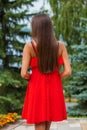 Back view close up portrait young beautiful brunette woman in red dress Royalty Free Stock Photo