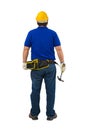 Construction man workers in blue shirt with Protective gloves, helmet with tool belt hand holding hammer isolated on white Royalty Free Stock Photo