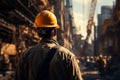 Back view of a construction worker wearing yellow safety helmet and a uniform at construction site. Housebuilder in sturdy work Royalty Free Stock Photo