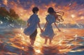 Back view of a couple holding hands and walking down the beach. hand drawn style cartoon anime design illustrations Royalty Free Stock Photo