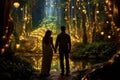 A lovely couple of lovers holding hands at night in a fantasy magical glowing enchanted forest near the calm pond. AI generated.