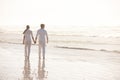 Back view of couple, ocean and holding hands on beach, travel and commitment with trust and bonding outdoor. Love, care Royalty Free Stock Photo