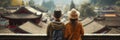 Back view of a couple of travelers admiring a view of spectacular Chinese landscape. Vacation in China