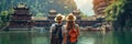 Back view of a couple of travelers admiring a view of spectacular Chinese landscape. Vacation in China