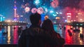 Couple enjoying fireworks display over cityscape at night. Romantic urban scene with vibrant colors. Ideal for festive