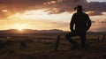 Back View Cowboy watching sunset. Generative AI