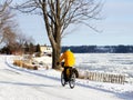 Back view of cyclist in bright yellow jacket and green helmet pedalling on road covered in snow Royalty Free Stock Photo