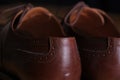 Back view detail of a pair of classic brown leather Brogue shoes with laces