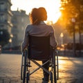 Back view of disabled African American lady enjoying her life, outdoors in sunset. Generated Ai