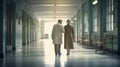 Doctor and elder woman walking in the hospital corridor. Generative Ai