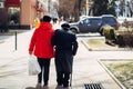 Back view of elder couple walking in the street.